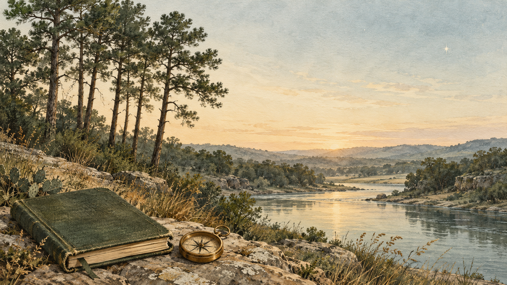 A green field journal and compass on a rocky river edge below tall pines and a small star