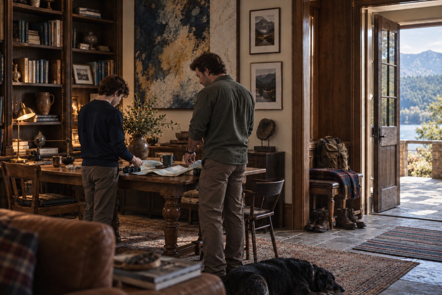 A father and son in a warm, lived-in collected room