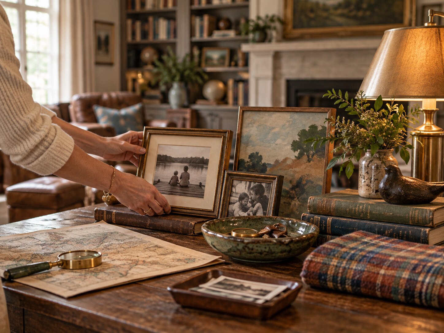 Family photographs, books, maps and textiles being arranged