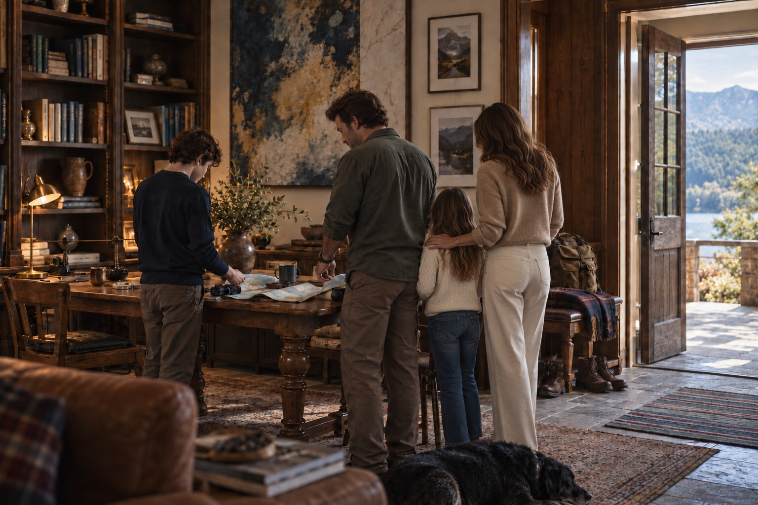 The Rooted and Known family gathered in the map room