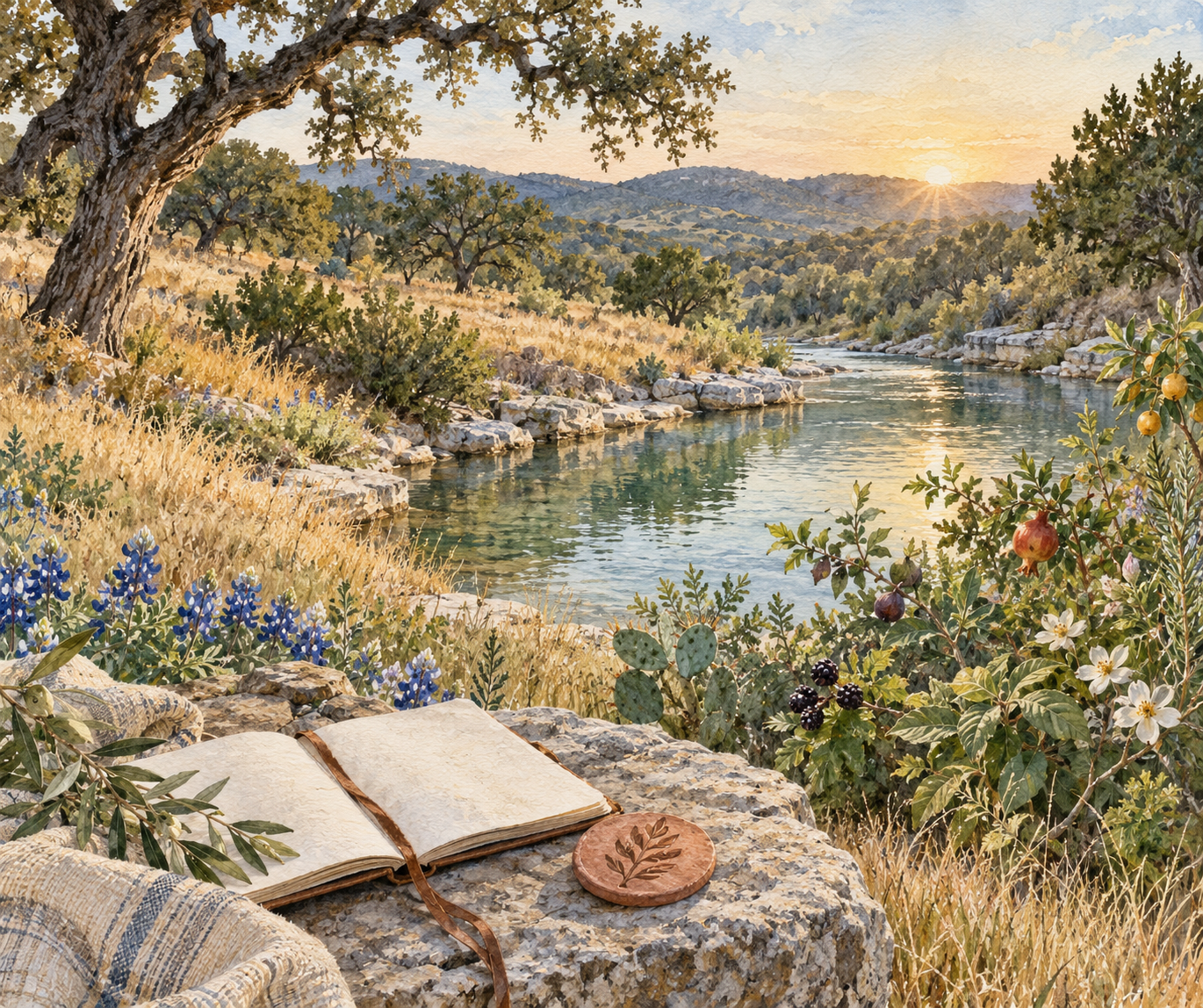 Watercolor field scene of an open journal beside a river and trees