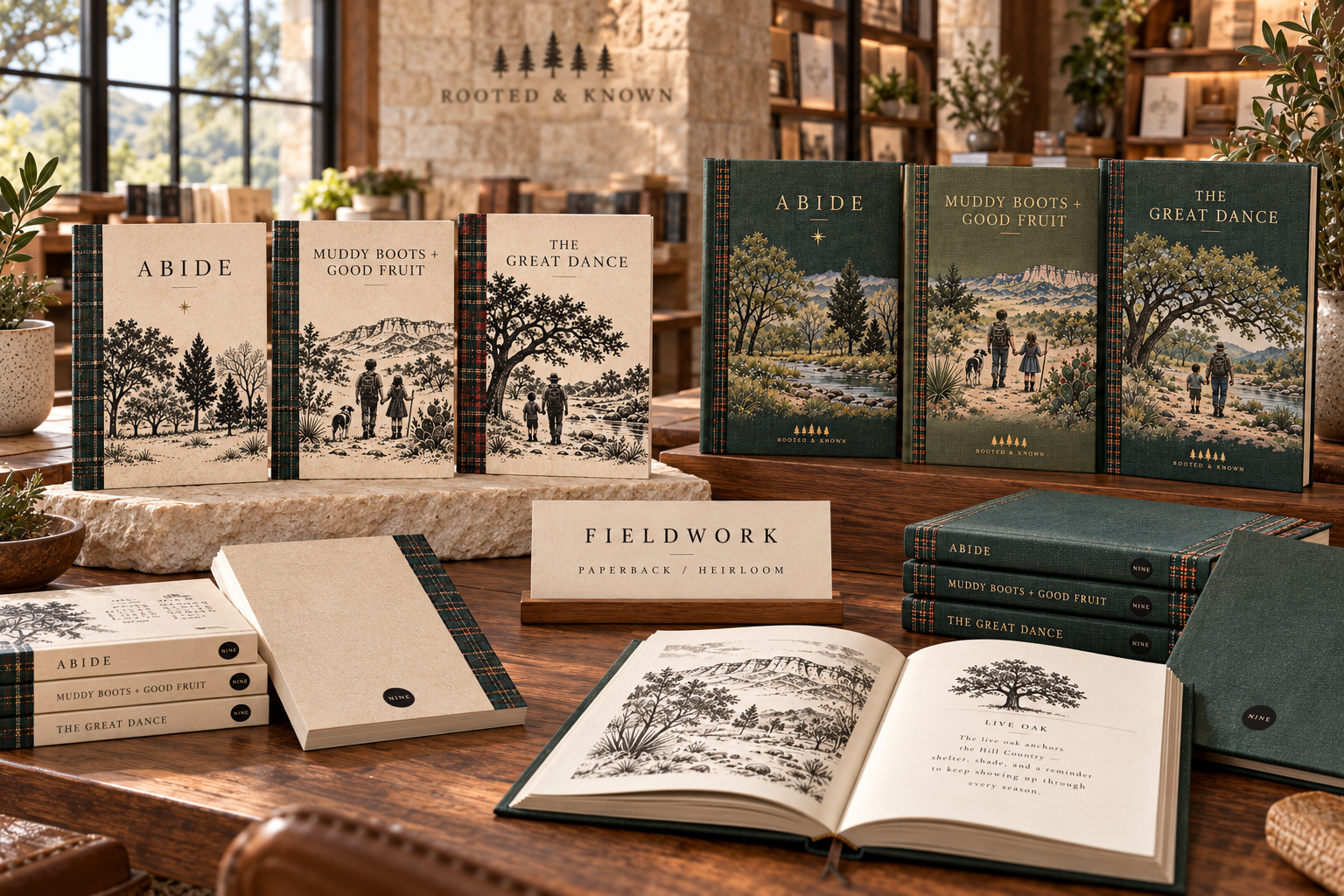 Locked FIELDWORK collector and paperback editions of ABIDE, Muddy Boots and Good Fruit, and The Great Dance arranged together on a warm wood table