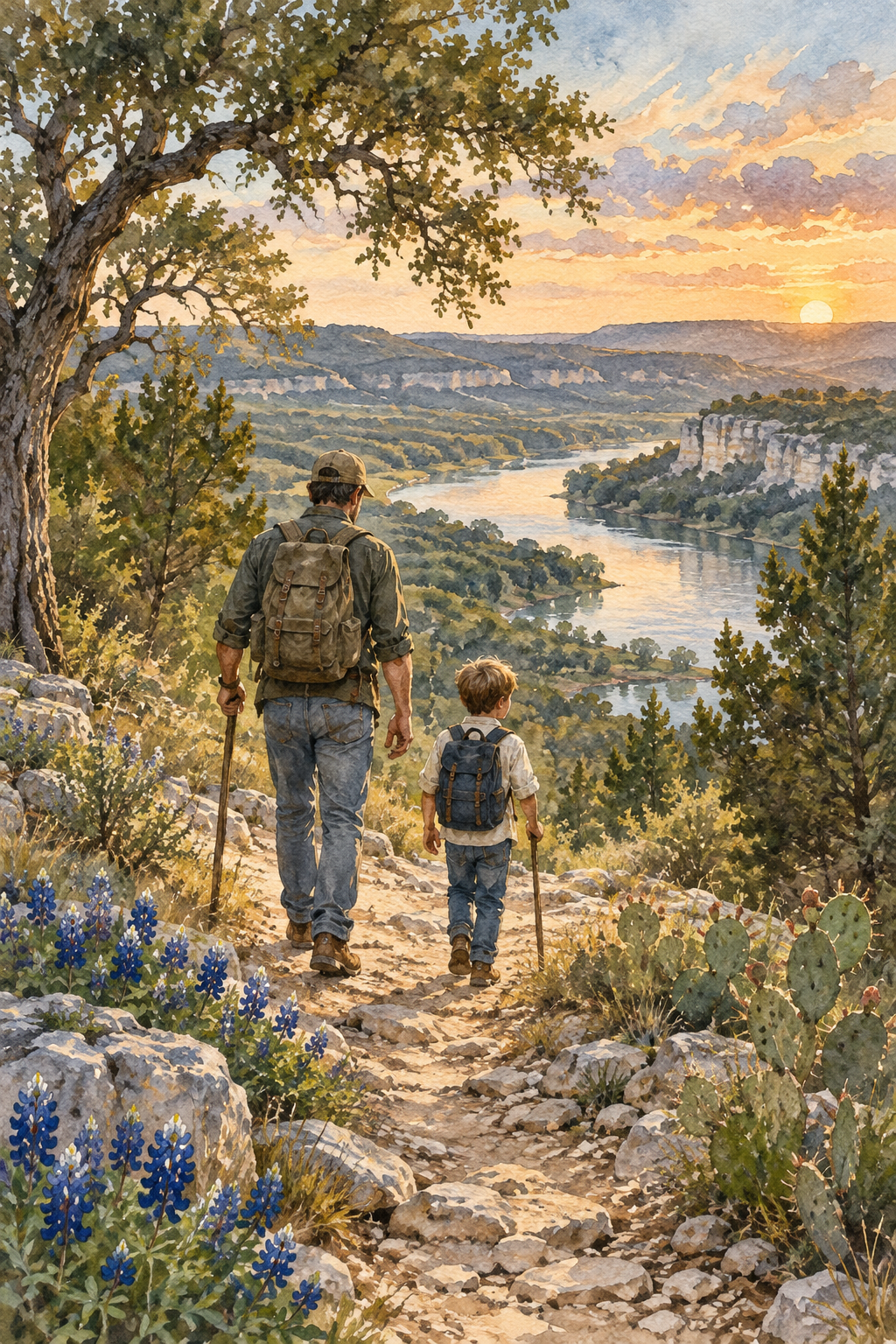 Watercolor print study of a father and young son walking down a Texas trail