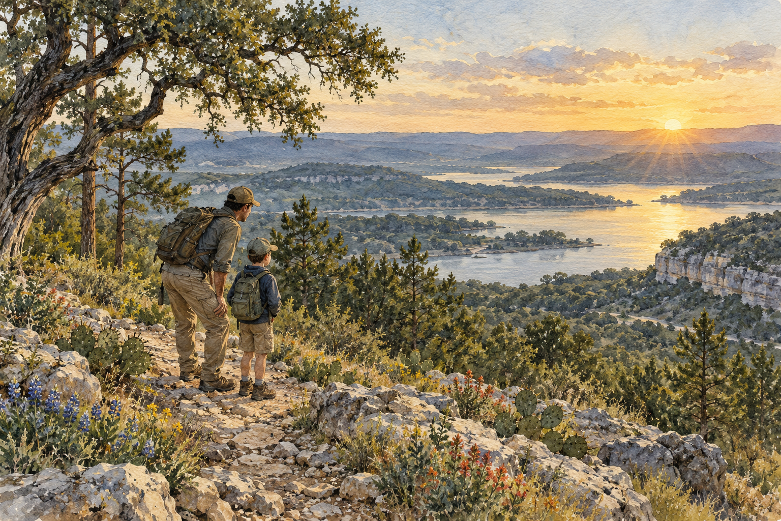 Watercolor print study of a father and young son looking over a Texas lake at sunrise
