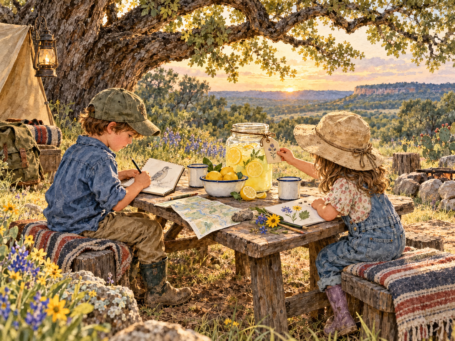 Watercolor of two children drawing and making lemonade at a small camp table beneath a live oak