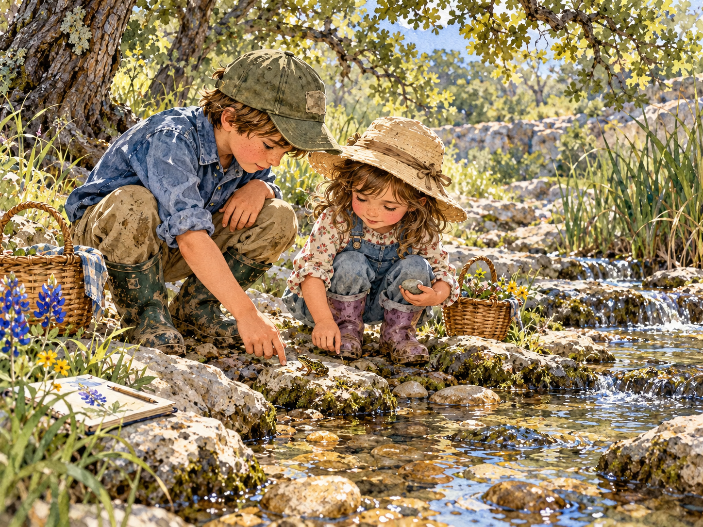Henry and Violet exploring a creek together
