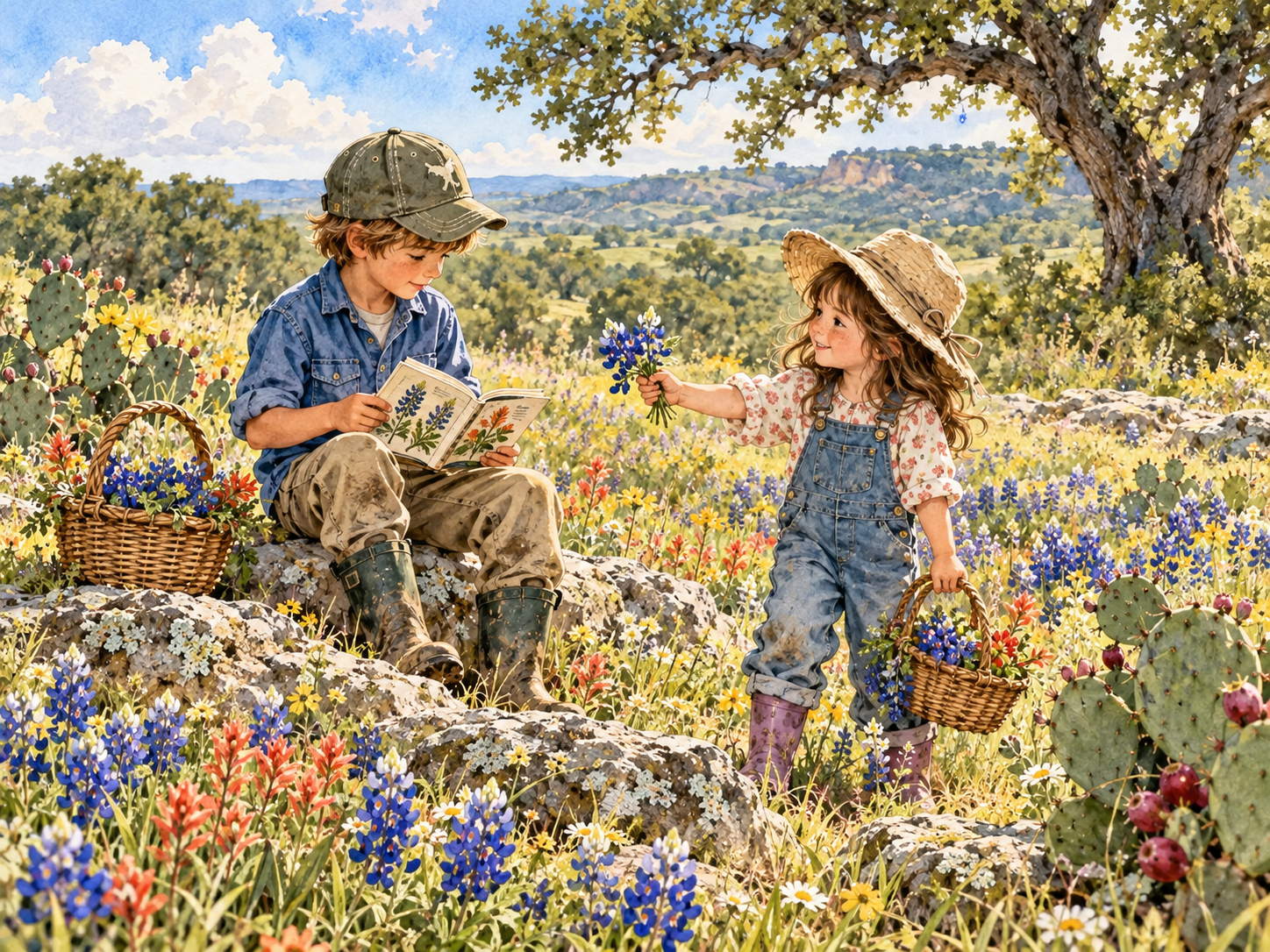 Watercolor of two children gathering bluebonnets and studying a field guide in a Texas Hill Country meadow