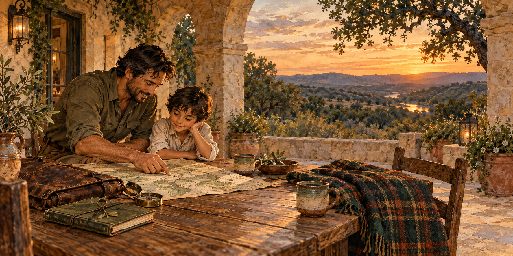 Esteban and Enrique together at a long table in a warm hillside home