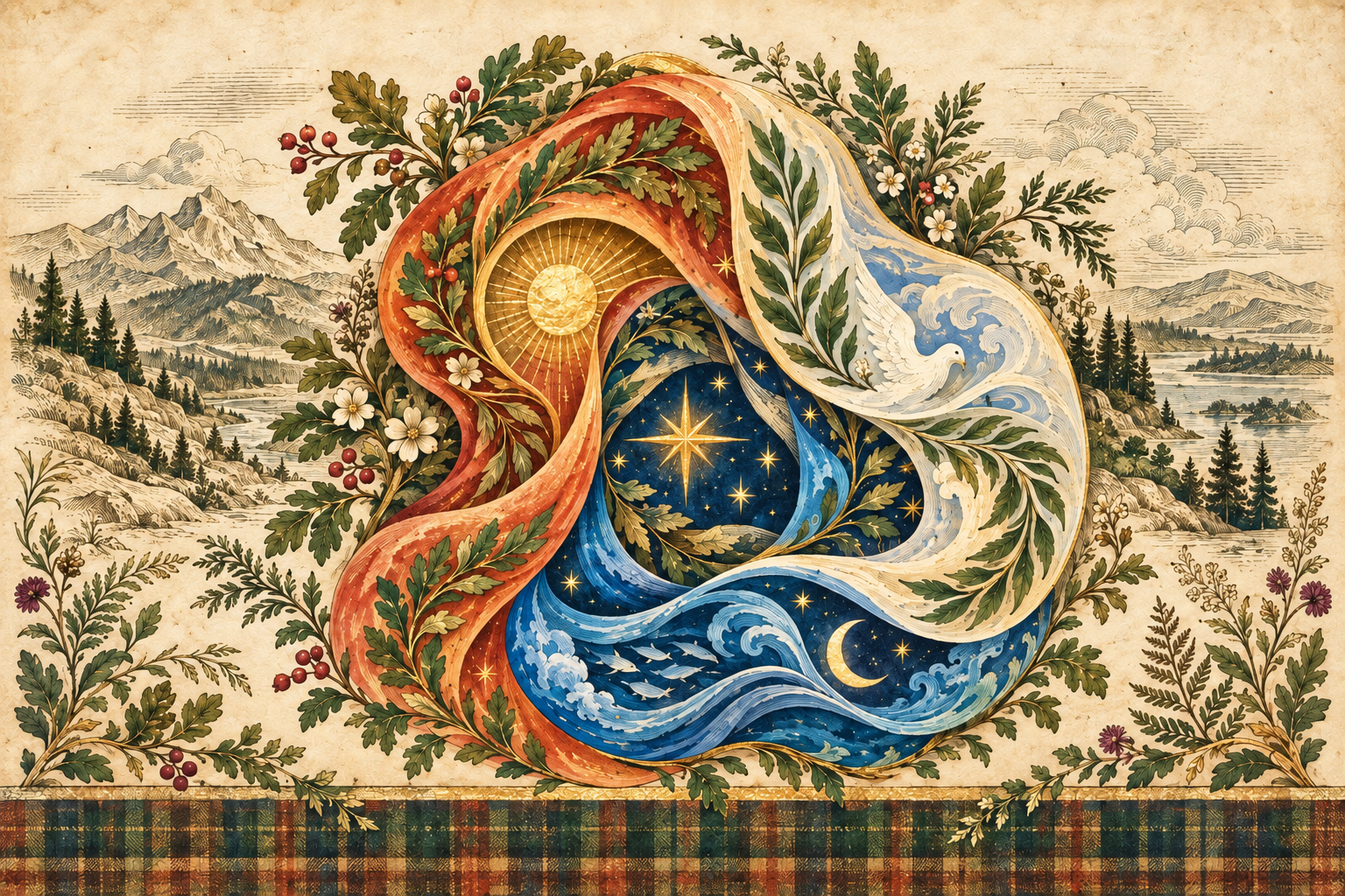 A refined illustration of three flowing forms gathered around a bright star, in forest green, blue, cream and antique gold
