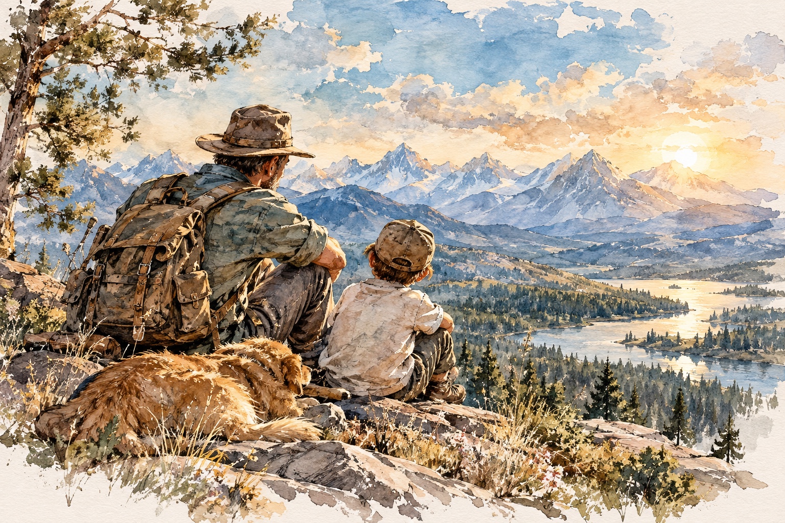 Watercolor father-and-son field guide artwork for The Great Dance