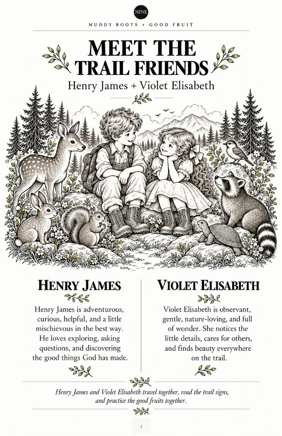 The real black and white Henry and Violet character page from Muddy Boots and Good Fruit