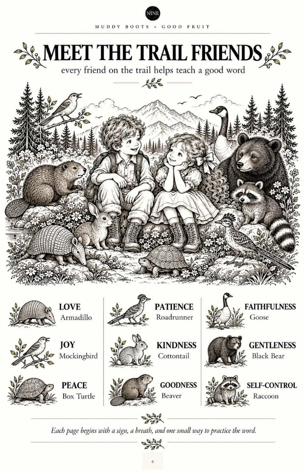 Muddy Boots woodland friend guide with animals for the nine good fruits
