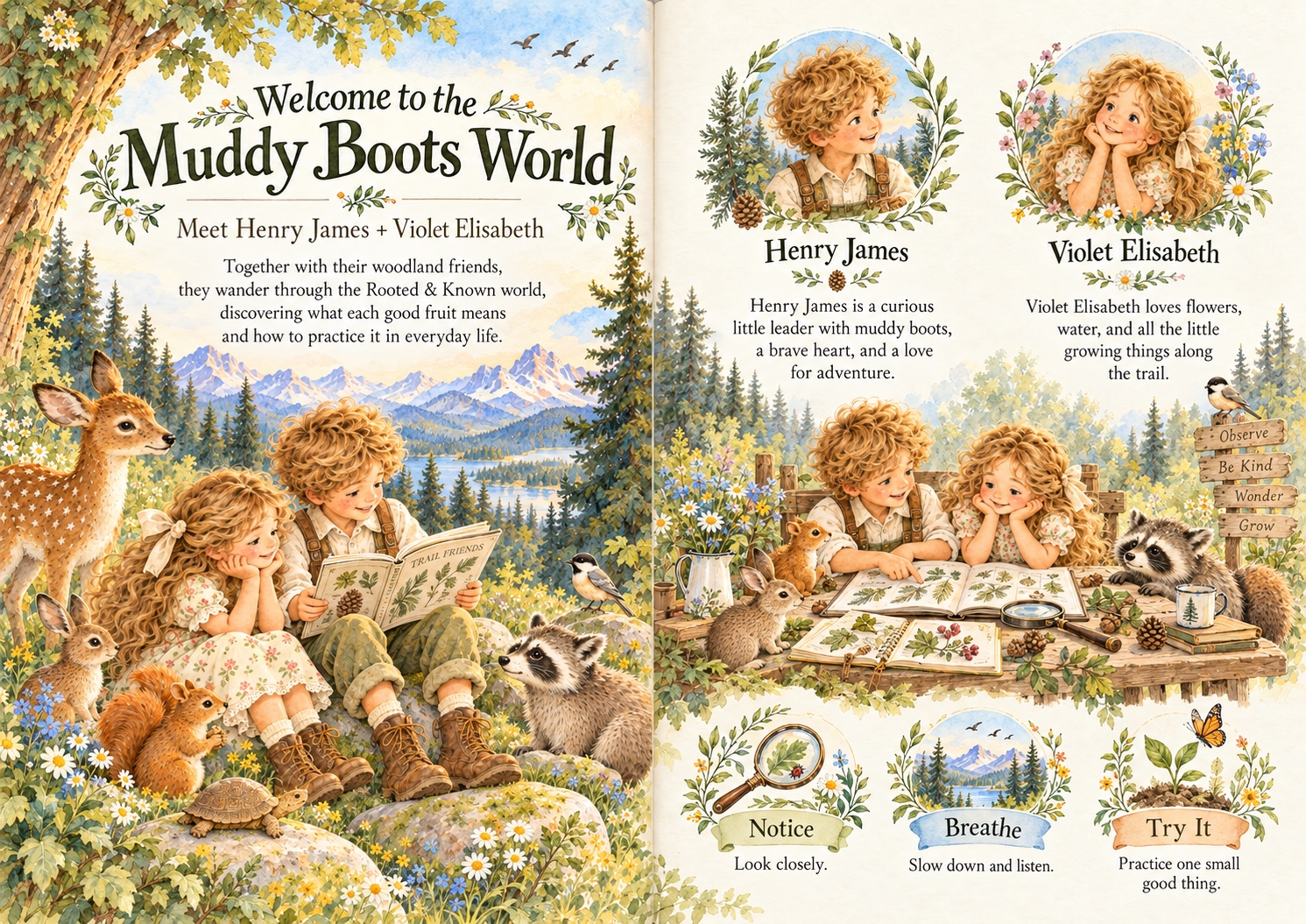 Welcome to the Muddy Boots World with Henry James, Violet Elisabeth, woodland friends and a story-board of notice, breathe and try it