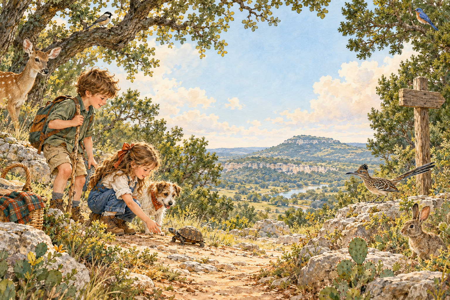 Henry, Violet and their dog explore a Hill Country trail with a deer, turtle, roadrunner and rabbit