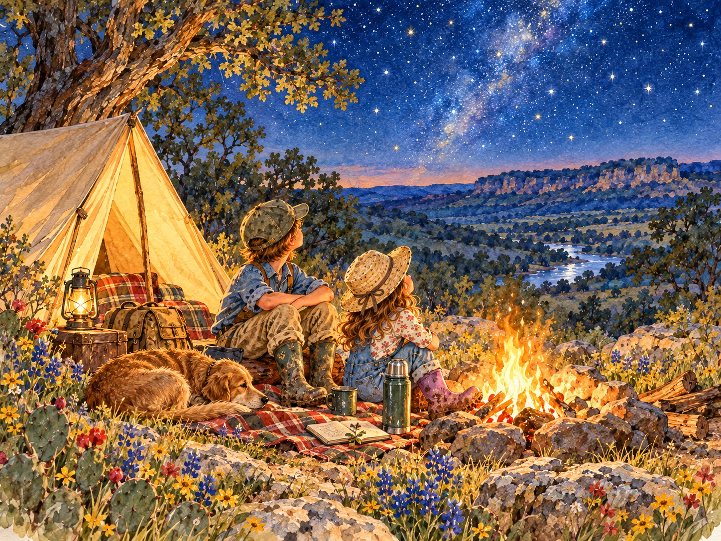 Henry and Violet camping beneath Texas Hill Country stars