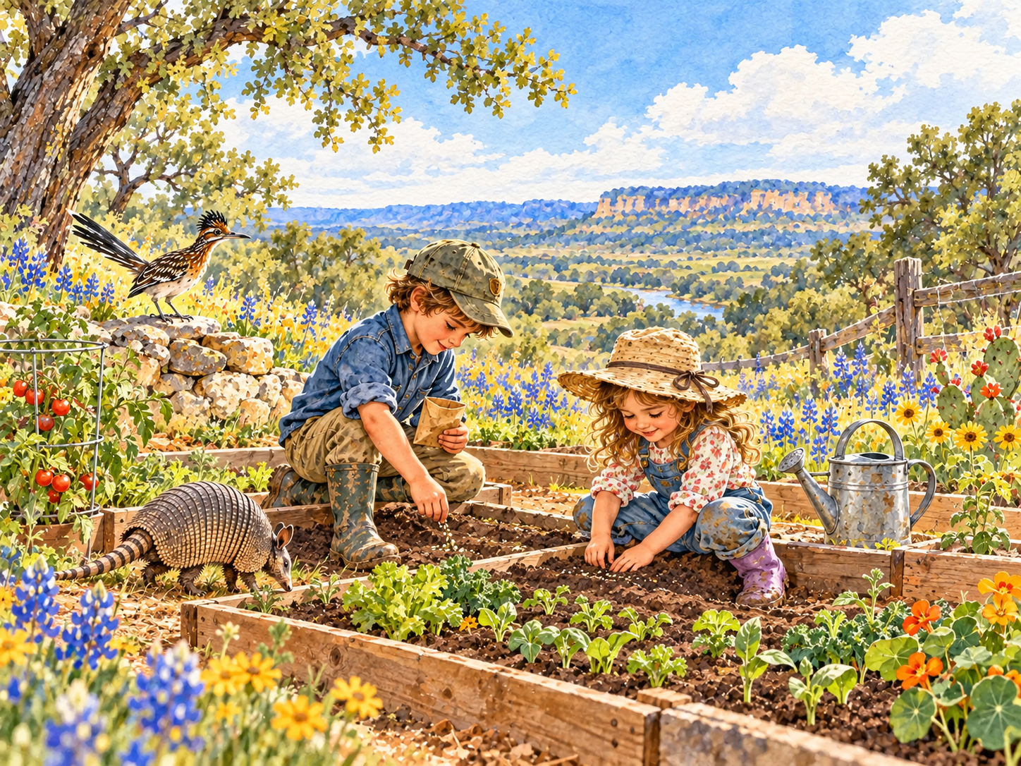 Henry and Violet creating a Hill Country garden together
