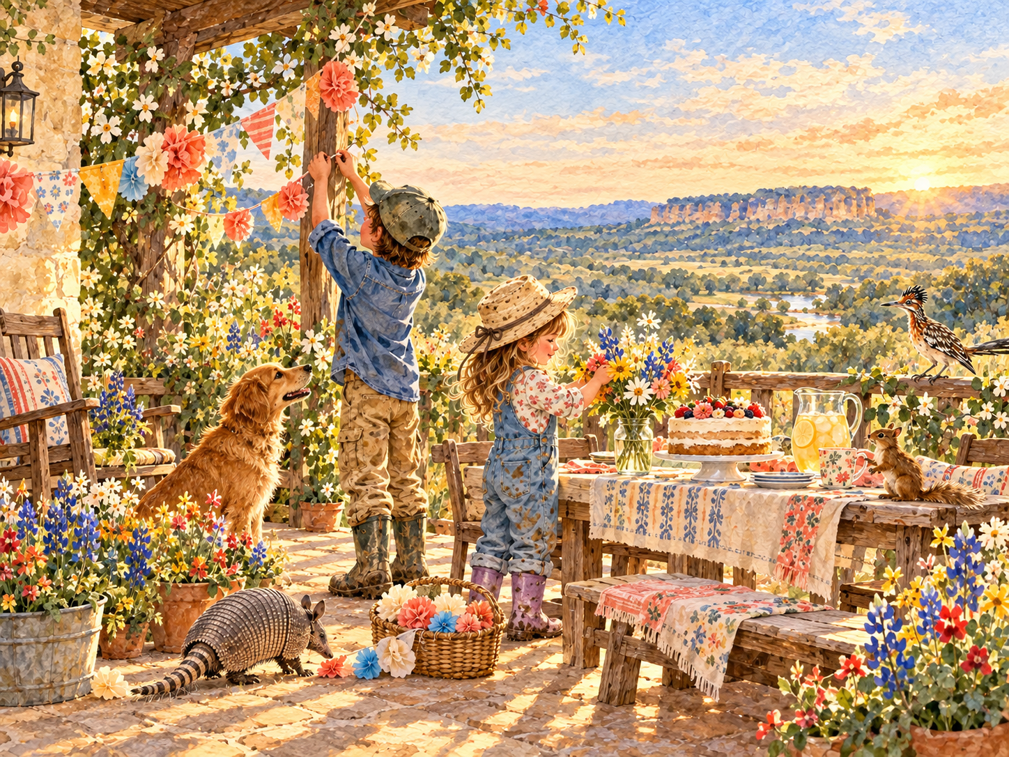 Henry and Violet preparing a surprise party on a Hill Country porch