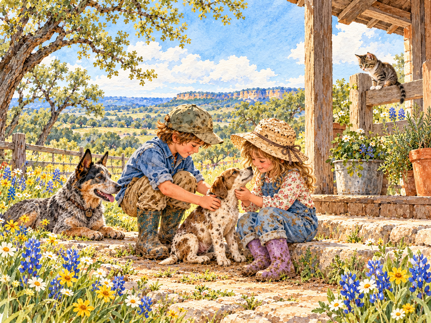 Henry and Violet meeting a gentle puppy at a Hill Country rescue day