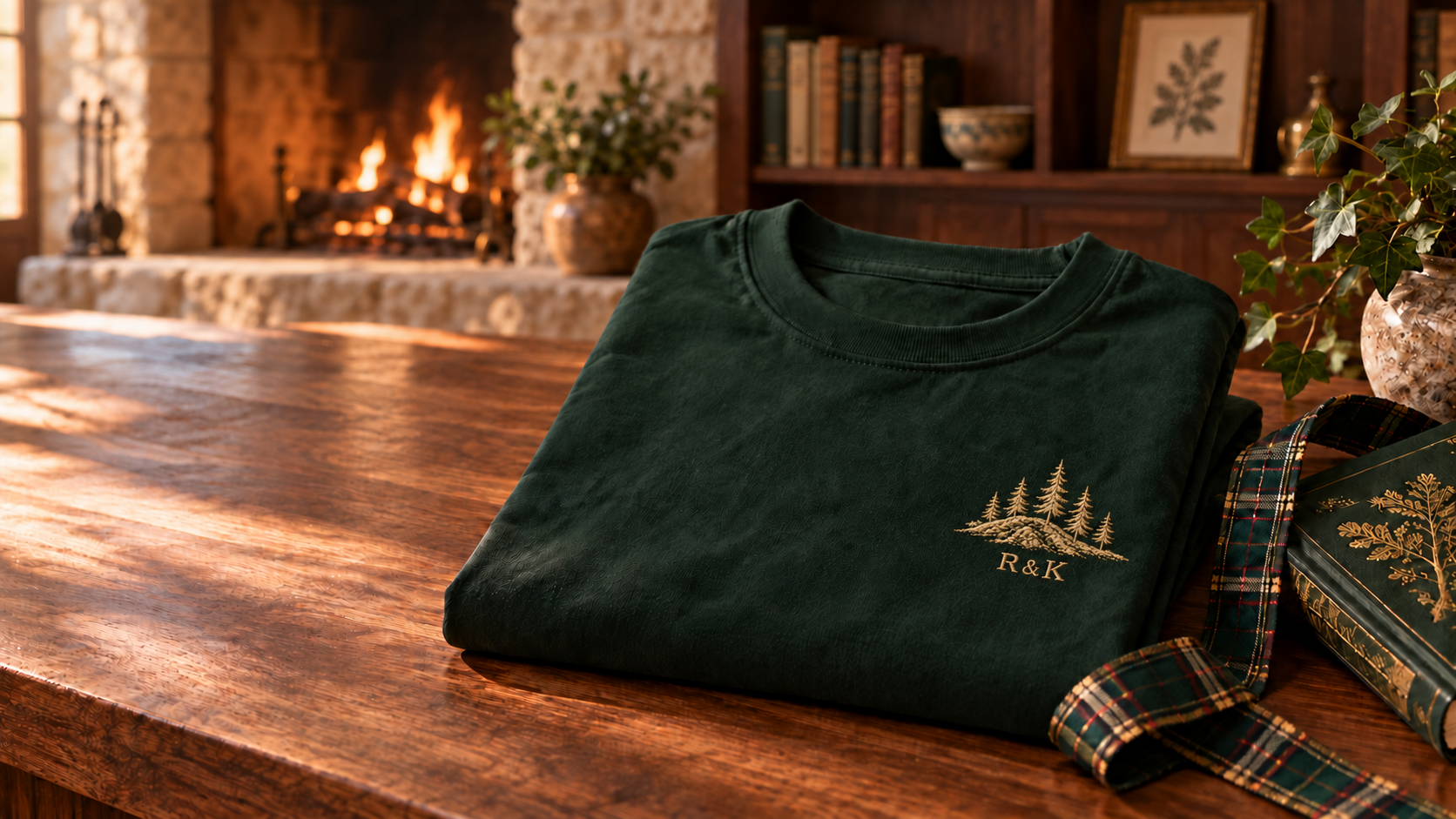 Forest-green heavyweight tee with a small antique-gold embroidered five-tree Rooted and Known monogram, shown on a warm wood table by a stone hearth and bookshelf