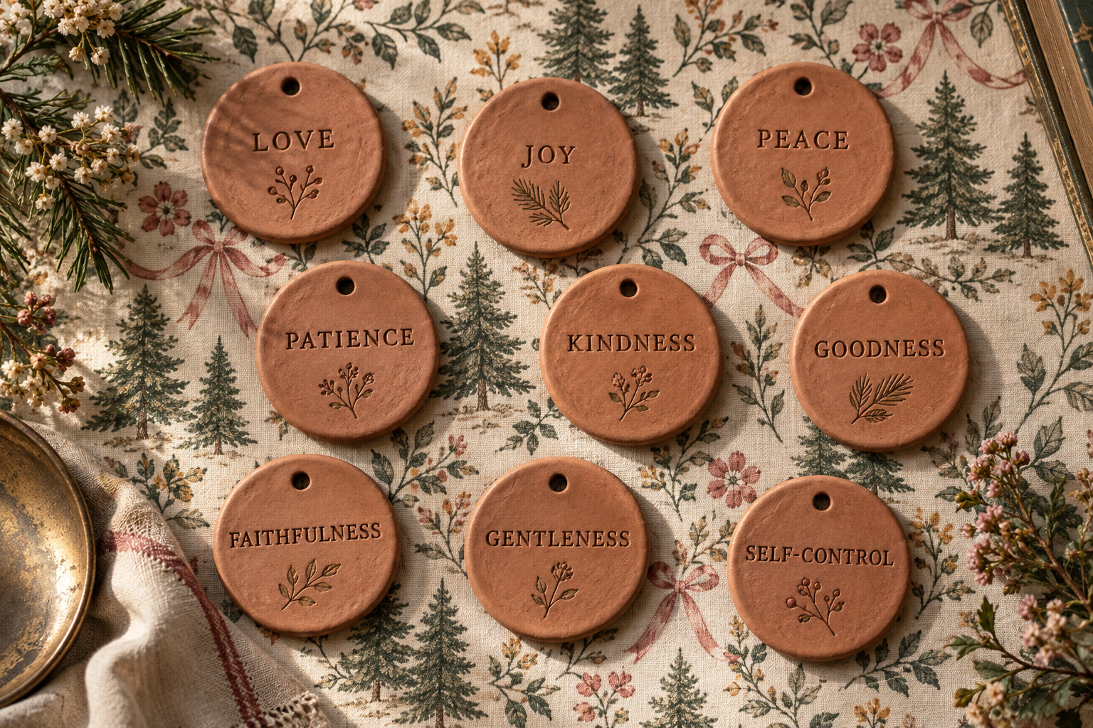 Nine terracotta medallions representing the nine fruits of the Spirit