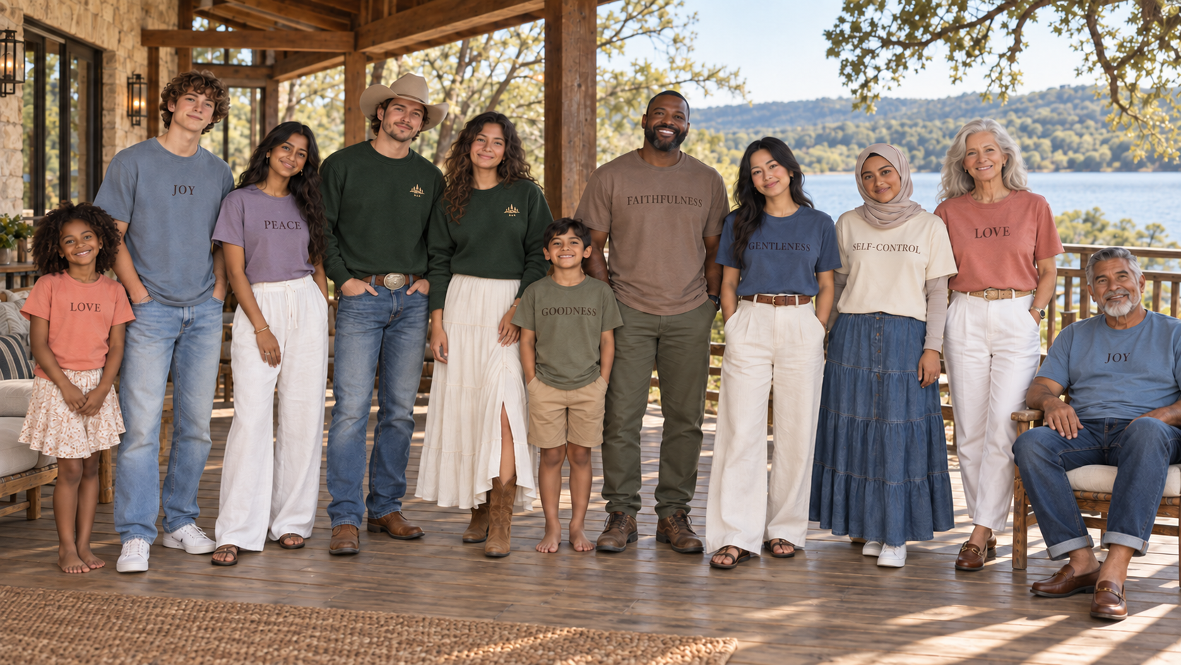 A diverse group gathered on a Texas Hill Country lodge porch; two adults wear forest-green crewnecks with small five-tree monograms while the others wear NINE practice shirts