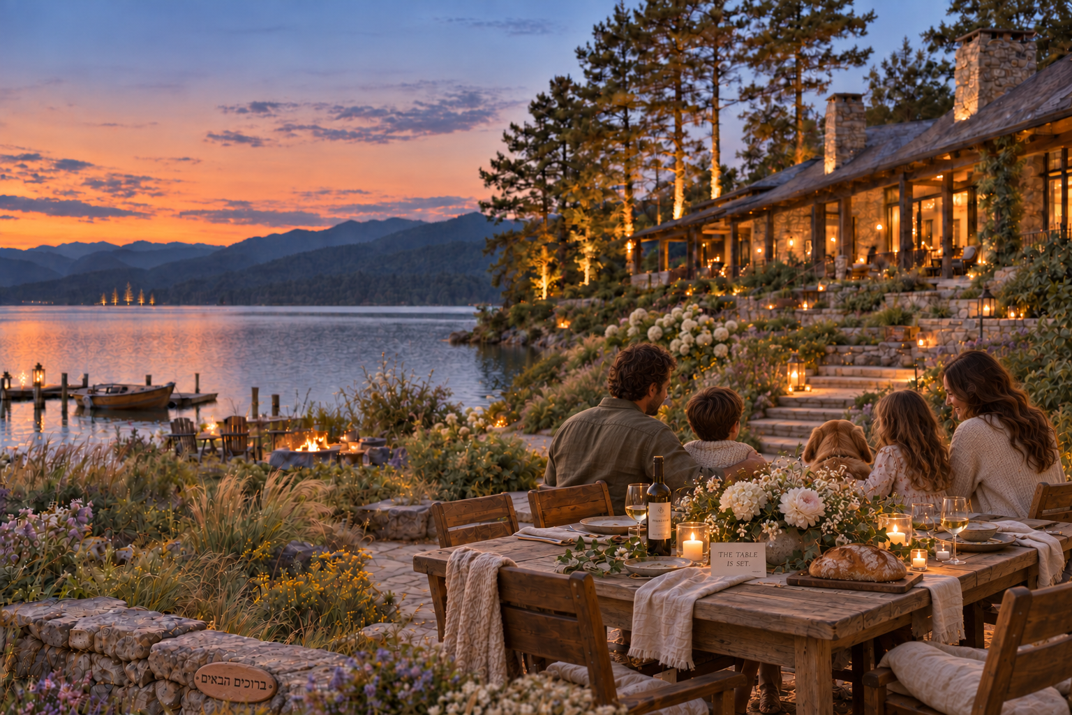A long table set beside a lake, with a lodge glowing at dusk