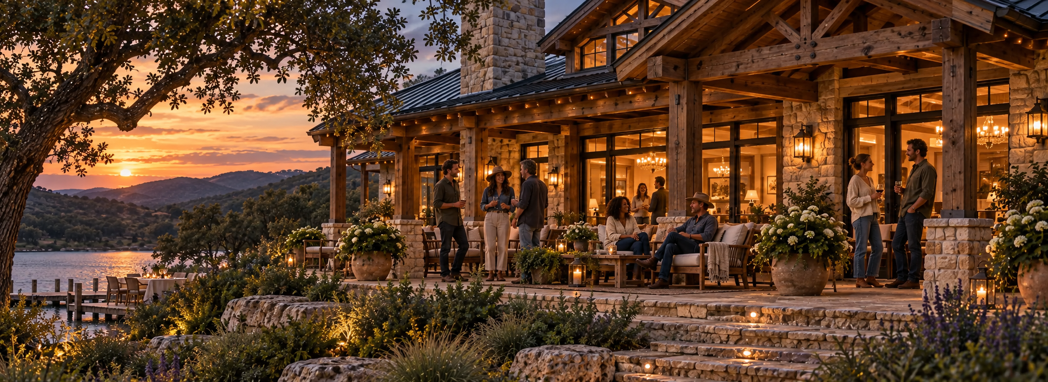 People talking and lingering on a warm Texas Hill Country lodge porch at sunset