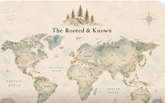 Old-world watercolor map of places noticed by The Rooted and Known