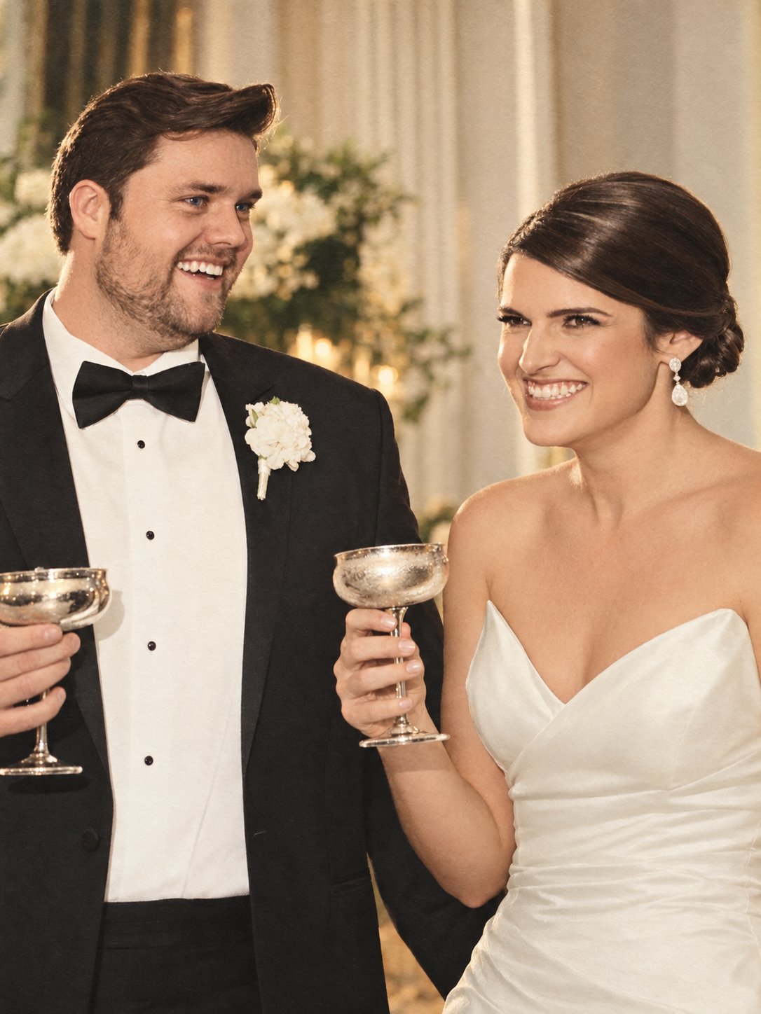Caleb and Ali smiling together at their wedding reception